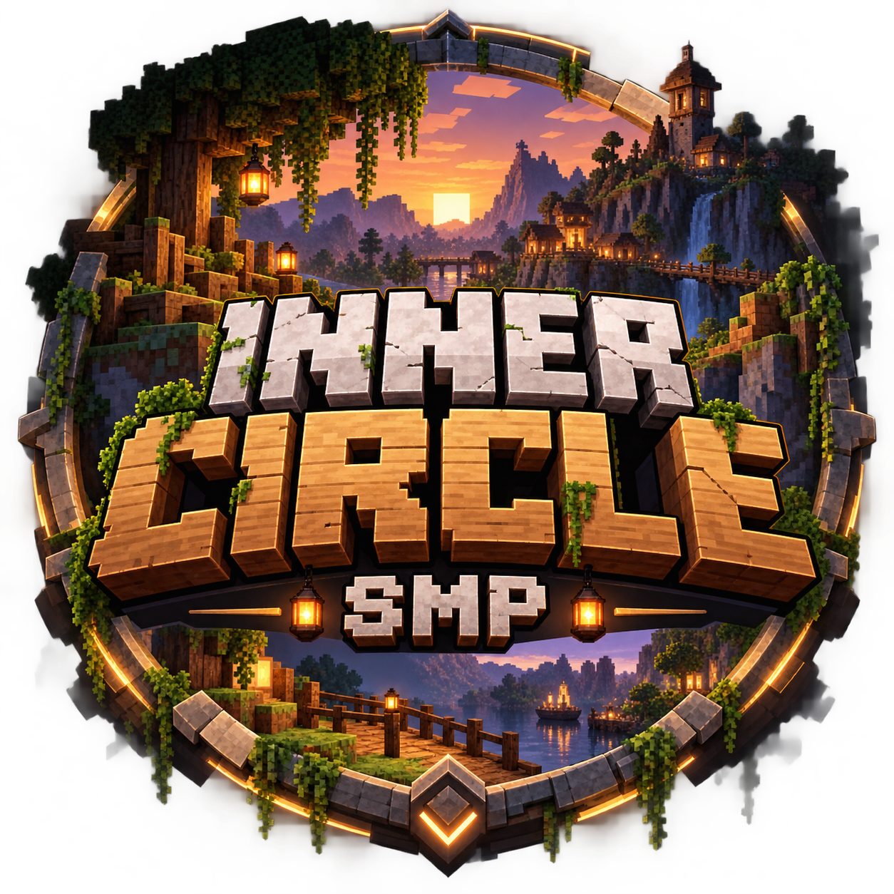 Inner Circle SMP-logo met een Minecraft-dorp bij zonsondergang